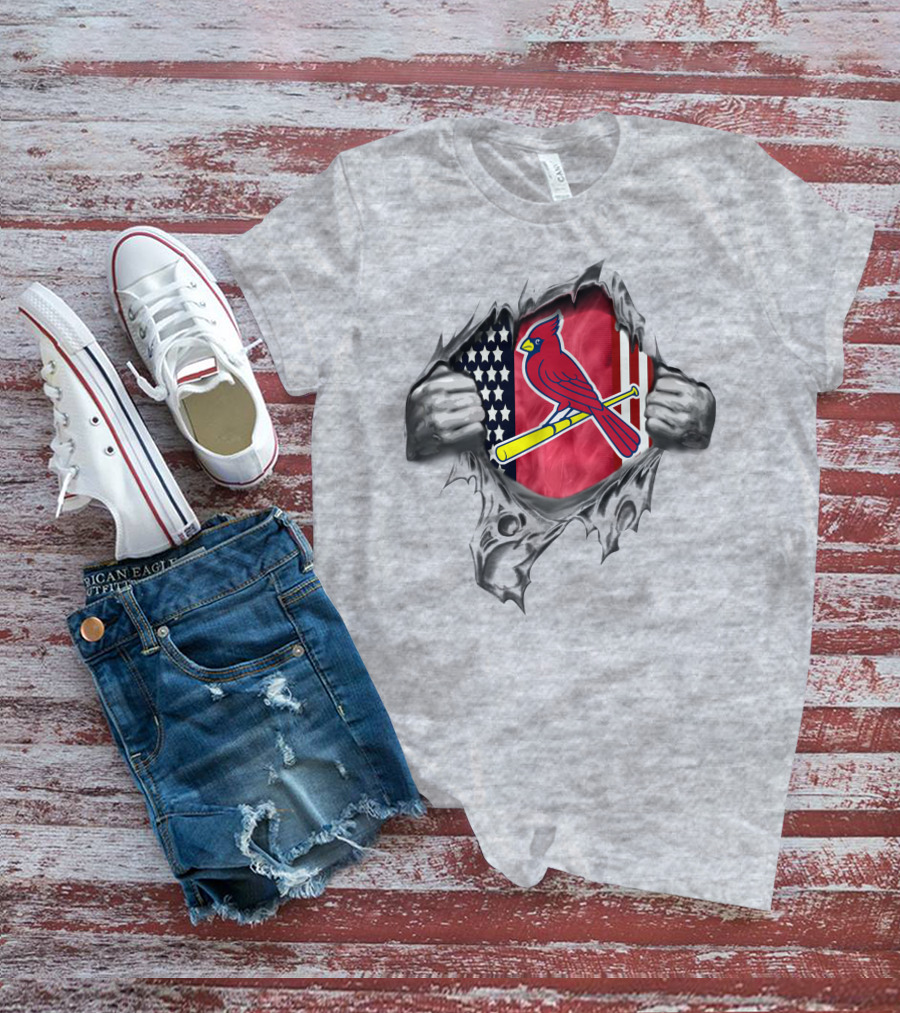 St Louis Cardinals American Flag Baseball Logo Torn Reveal T-Shirt