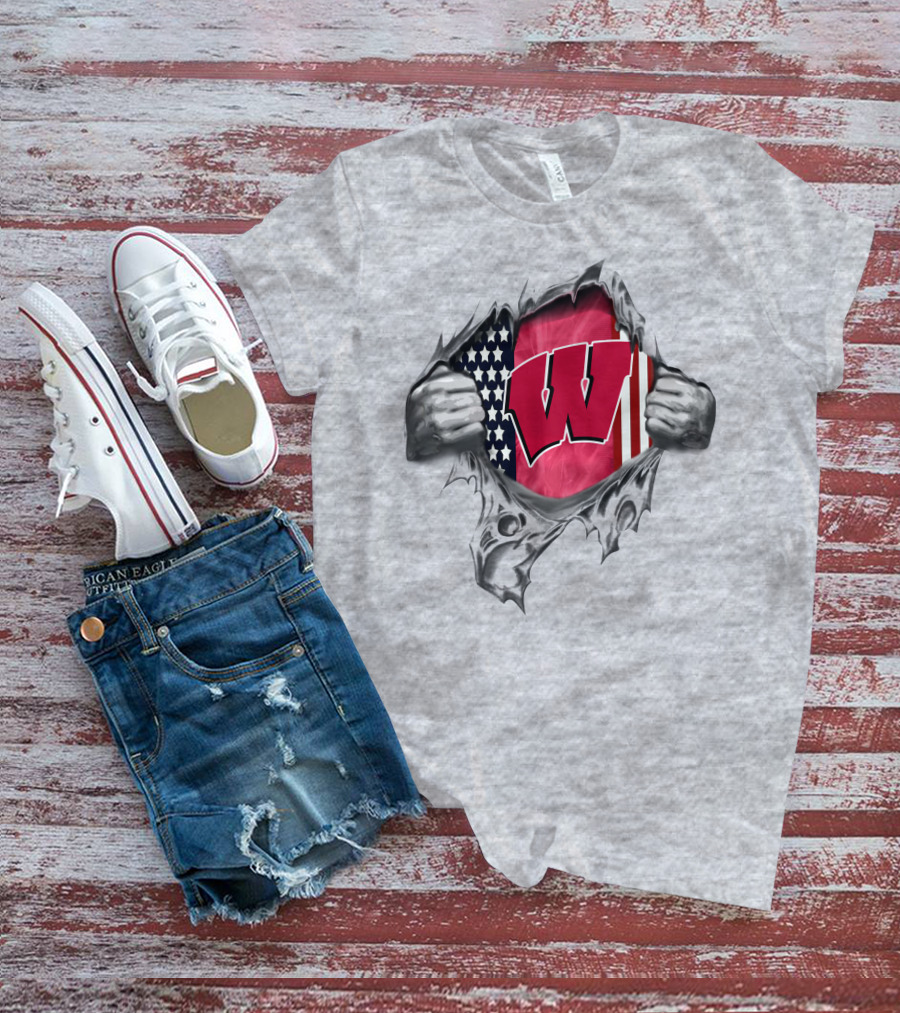 Wisconsin Badgers American Flag Ripped Reveal T-Shirt
