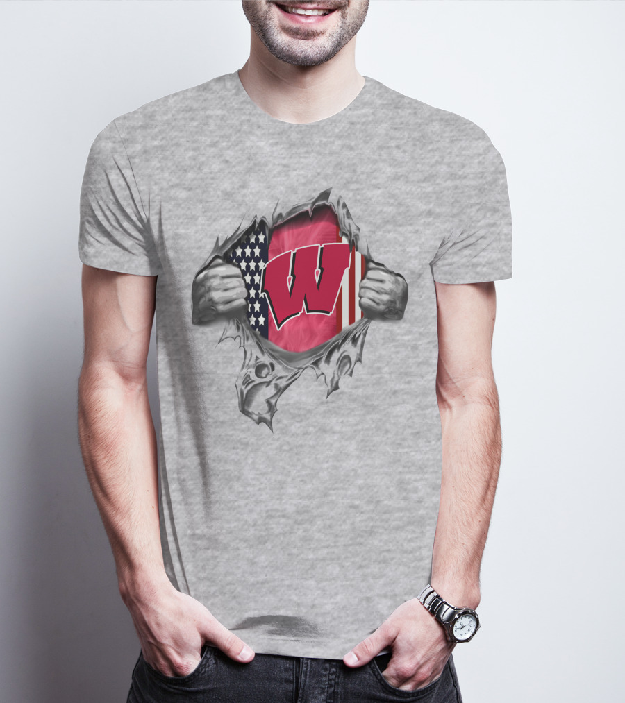 Wisconsin Badgers American Flag Ripped Reveal T-Shirt