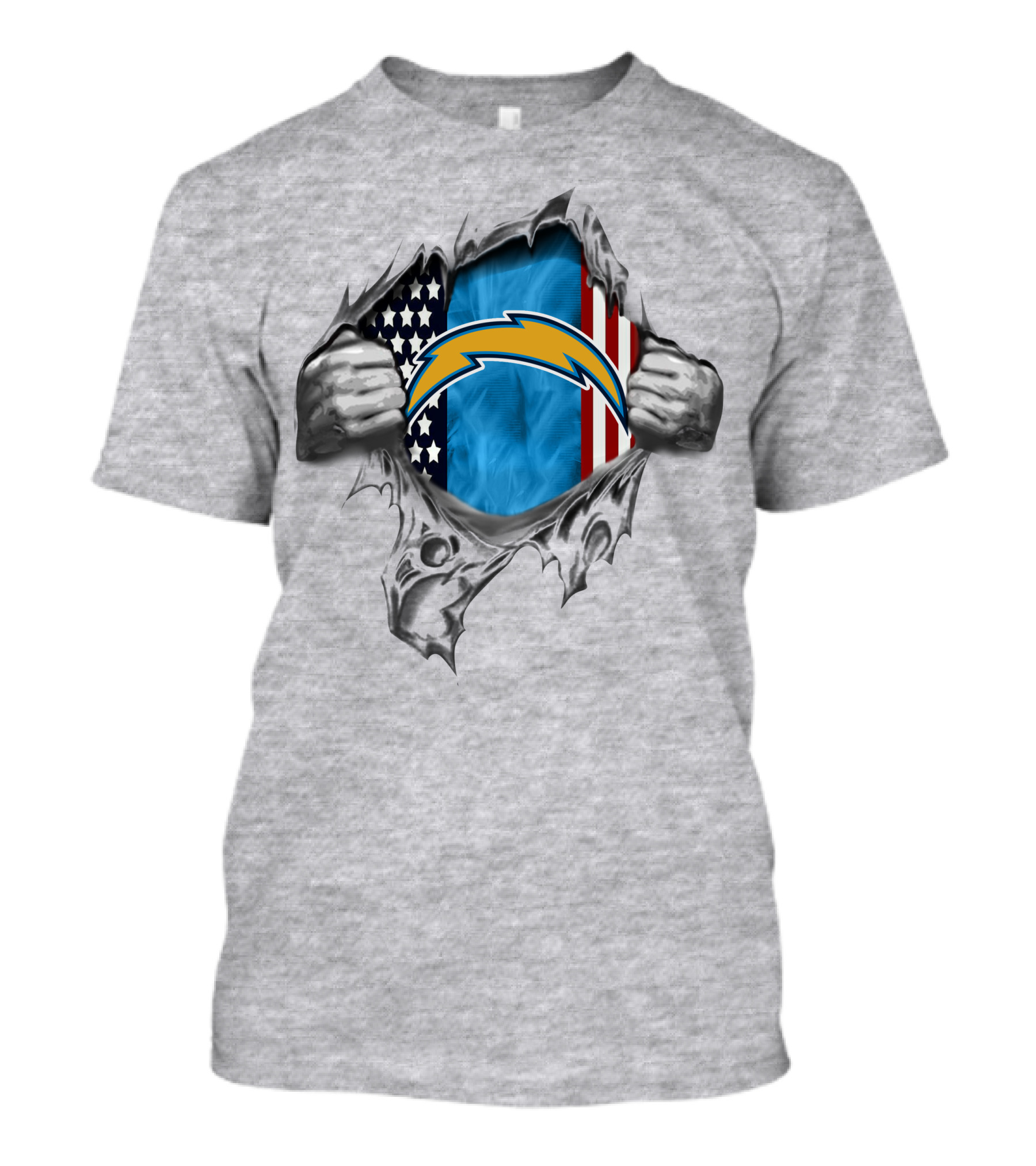 Los Angeles Chargers American Flag Peeking Through Torn Silver Fists T-Shirt