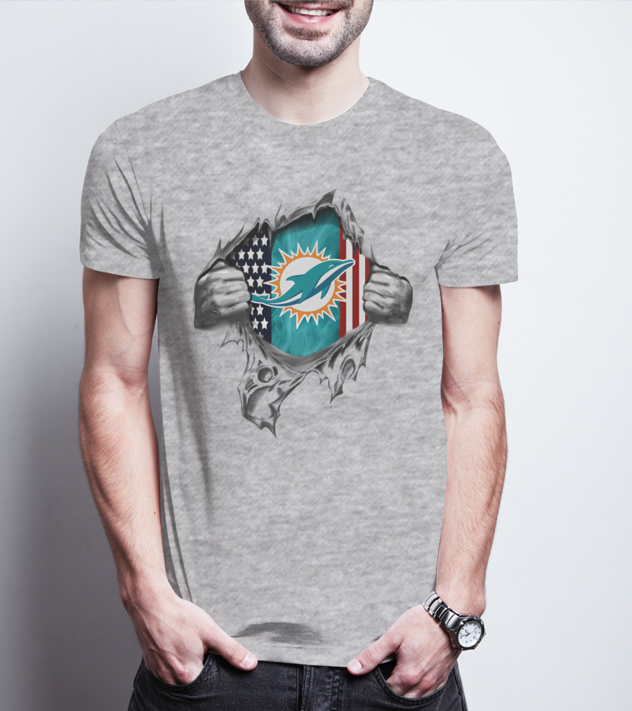American Flag Miami Dolphins Logo Peeking Through Torn T-Shirt