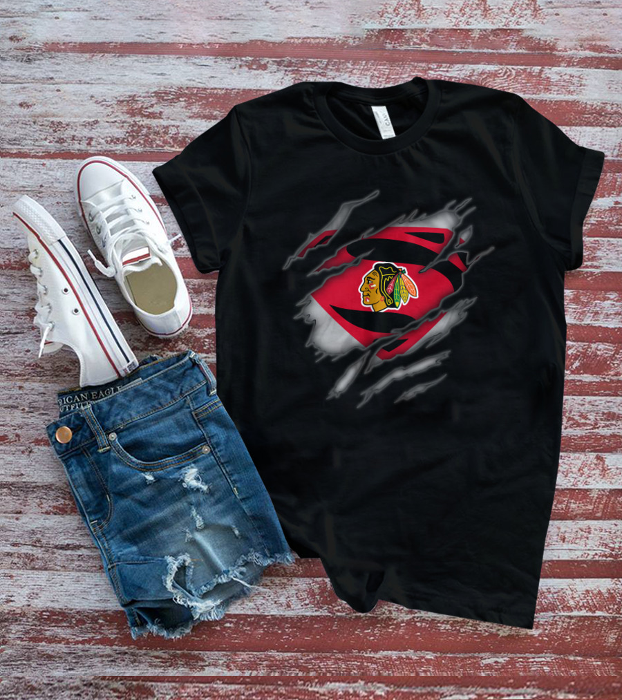 Chicago Blackhawks Superman Logo Claw Ripped Effect T-Shirt