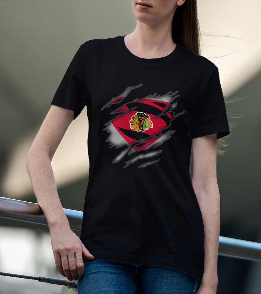 Chicago Blackhawks Superman Logo Claw Ripped Effect T-Shirt