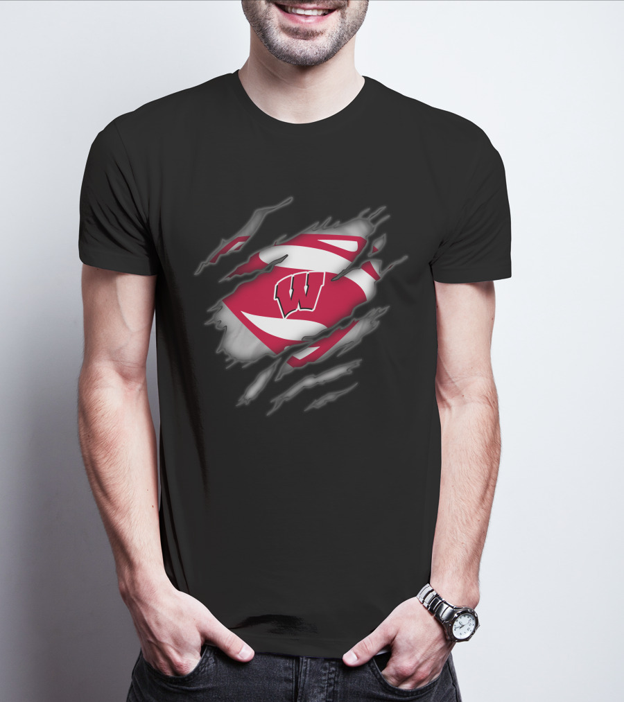 Wisconsin Badgers Logo With Superman Style Shield Print T-Shirt