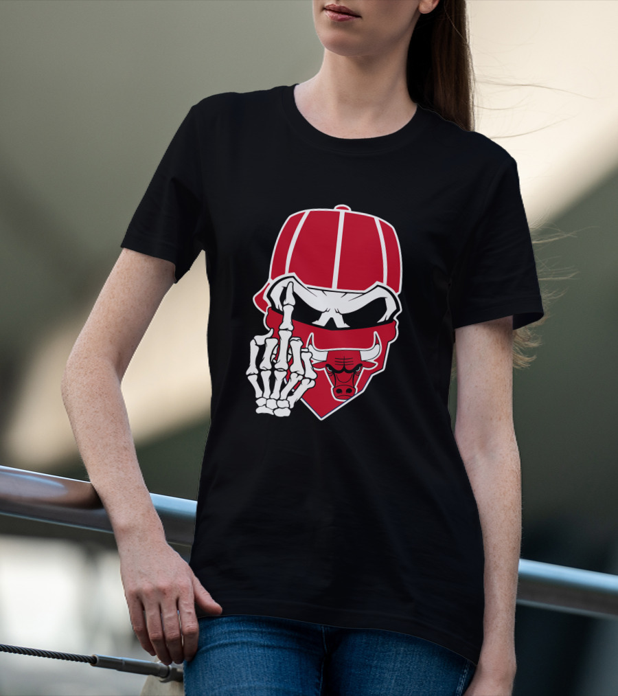 Chicago Bulls Skull Bandana Skeleton Hand Gesture T-Shirt