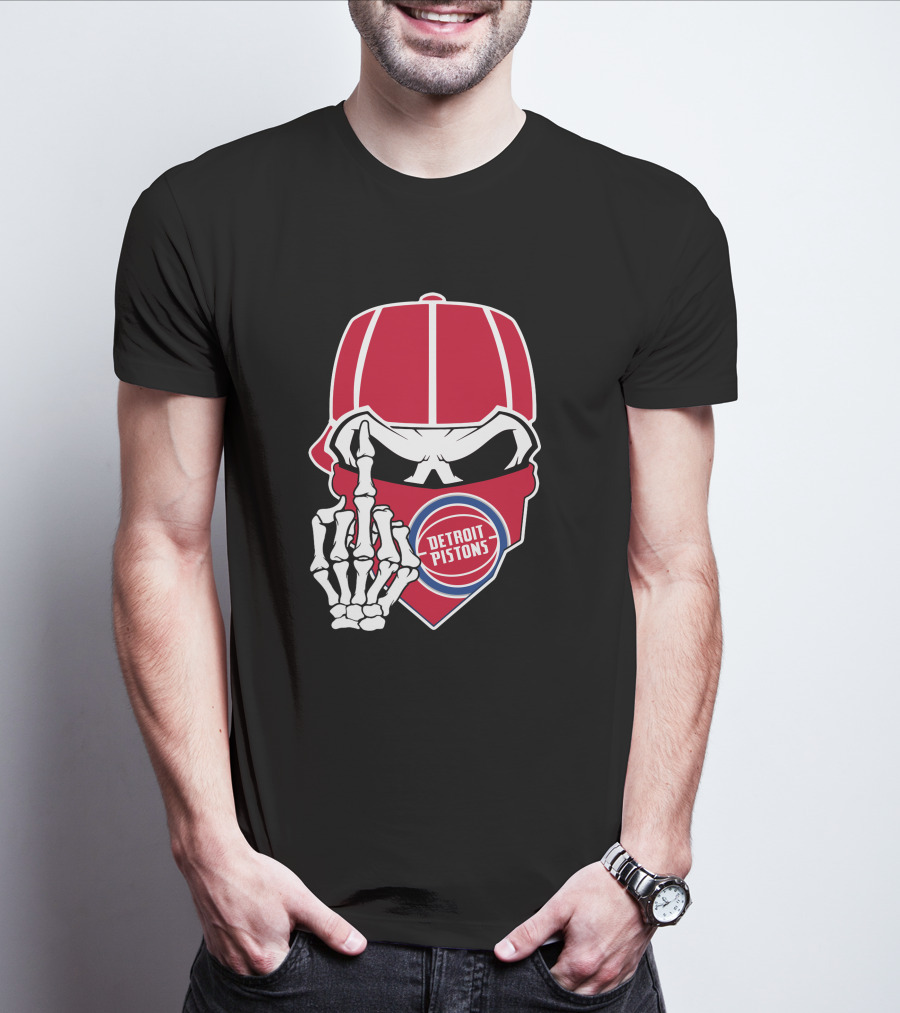 Detroit Pistons Skull Bandana Skeleton Gesture T-Shirt