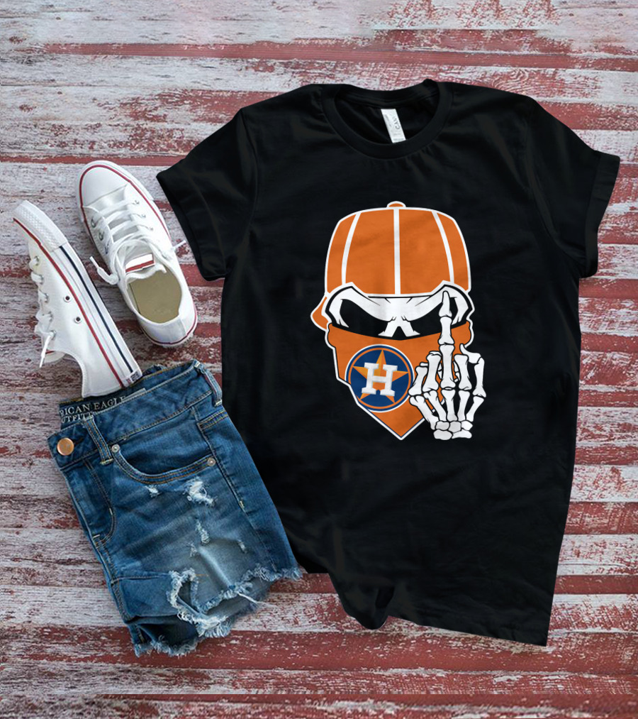 Houston Astros Skull With Cap And Skeleton Hand T-Shirt