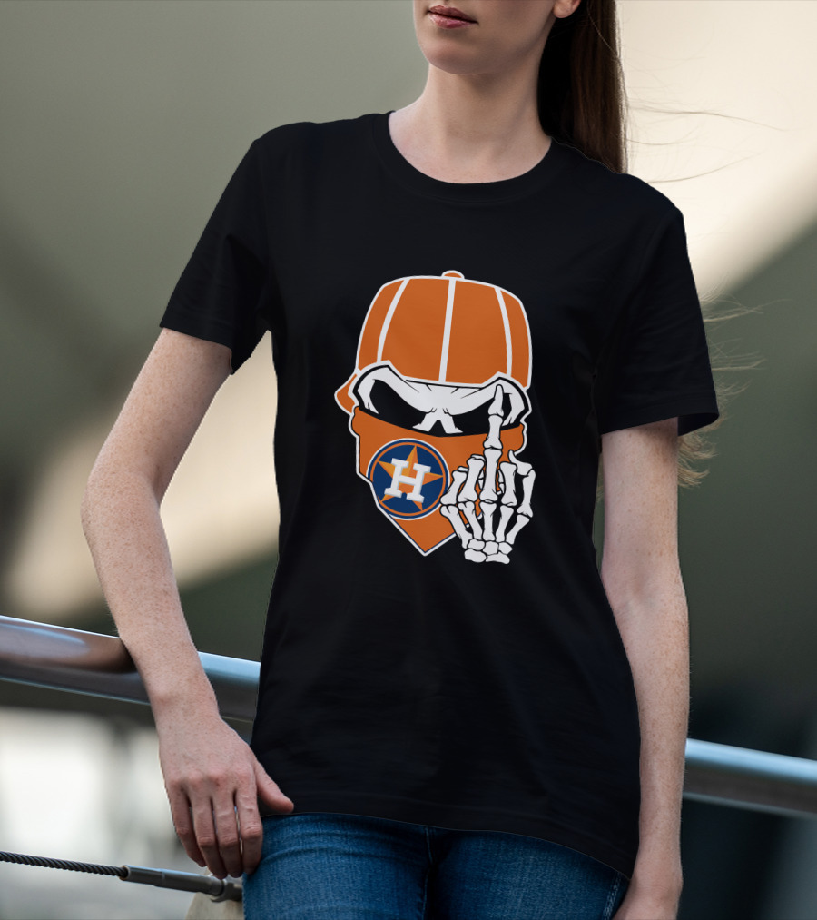 Houston Astros Skull With Cap And Skeleton Hand T-Shirt