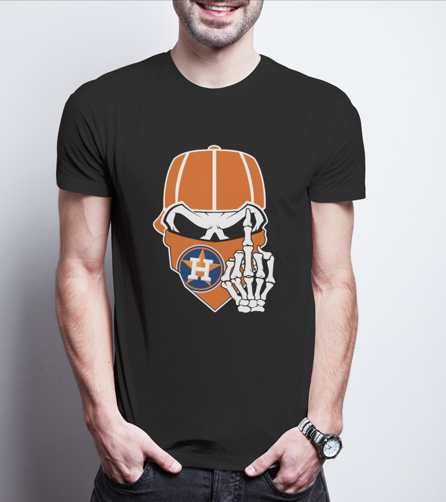 Houston Astros Skull With Cap And Skeleton Hand T-Shirt