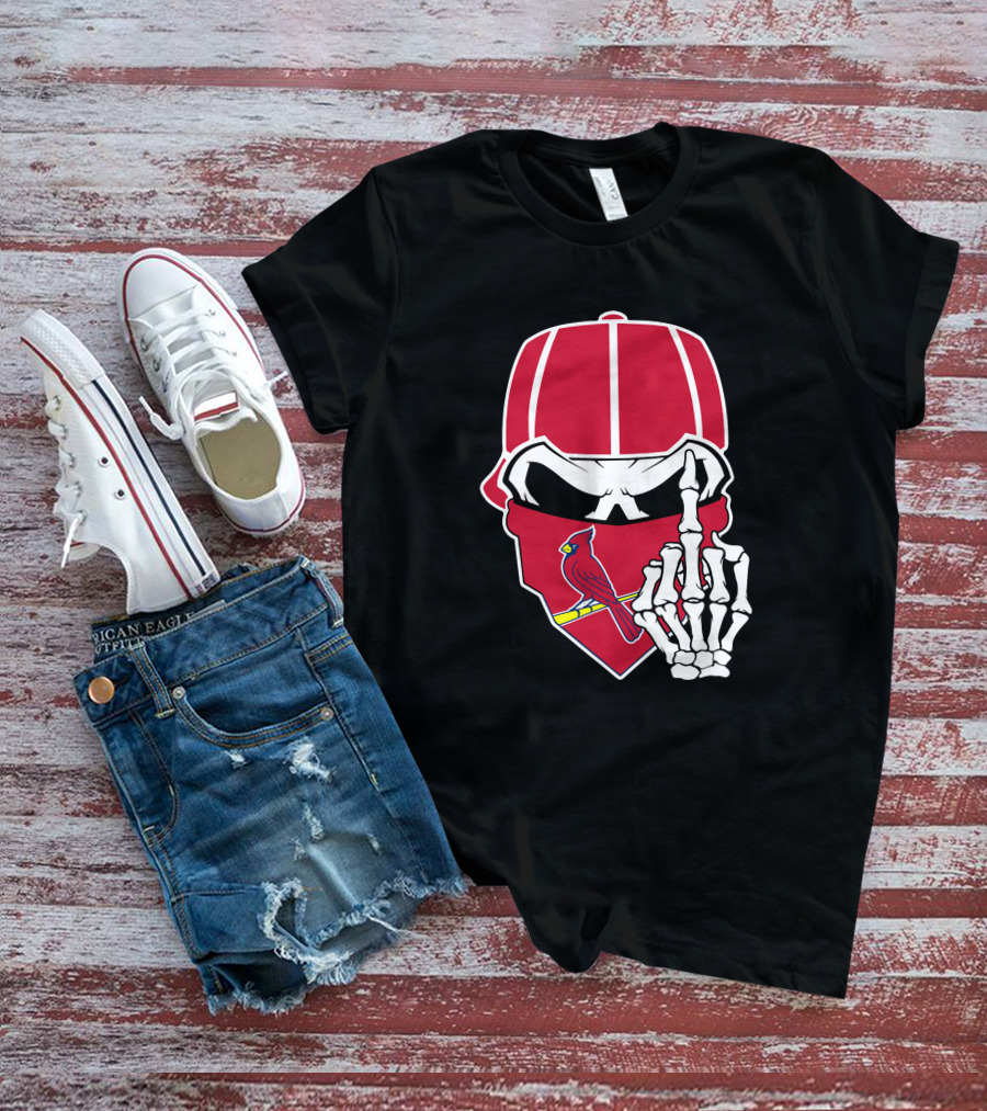 St Louis Cardinals Skull With Bandana And Skeleton Hand T-Shirt