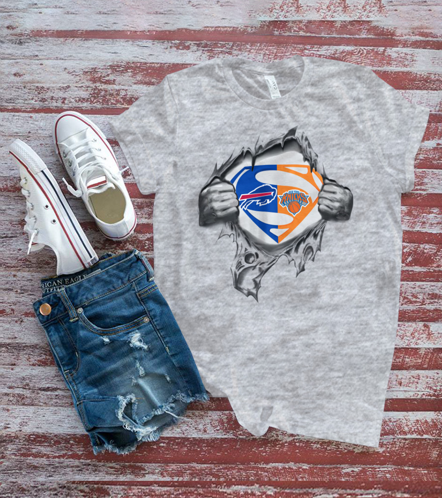 Bills New York Knicks Superman Logo Crossover Busting Through T-Shirt
