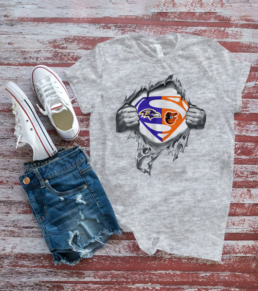 Superman Logo With Ravens And Baltimore Orioles Logos T-Shirt