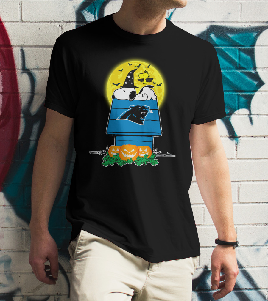 Carolina Panthers Snoopy Woodstock Halloween Pumpkins Moon House T-Shirt