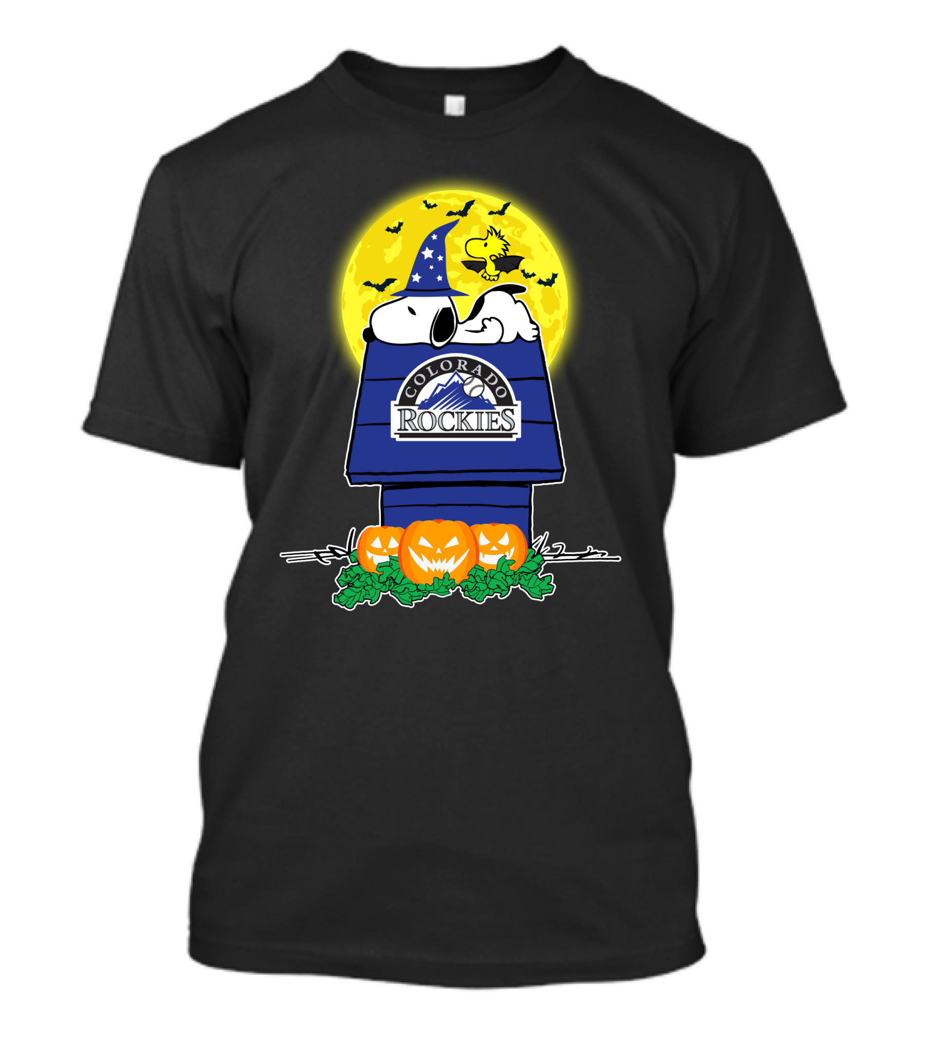 Colorado Rockies Snoopy Halloween Pumpkin Moon Woodstock T-Shirt
