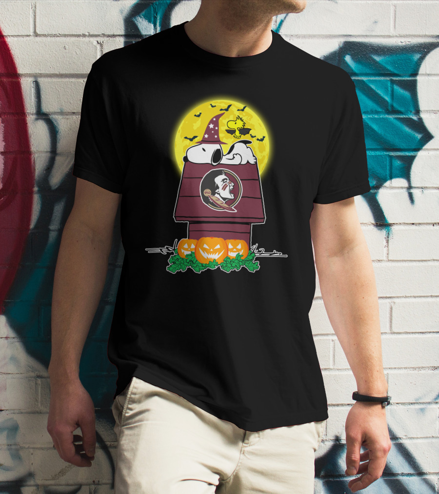 Florida State Seminoles Snoopy Halloween Peanuts Doghouse Pumpkins Moon Woodstock Bats T-Shirt