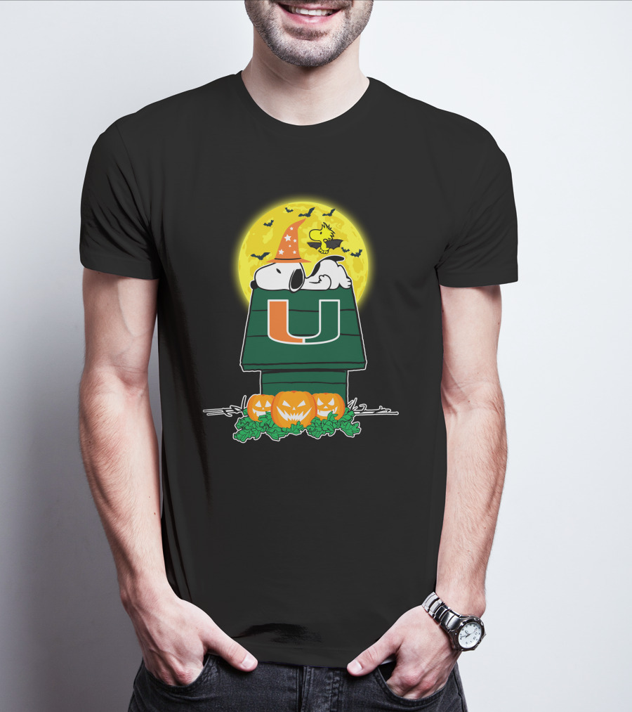 Miami Hurricanes Snoopy Halloween Pumpkin Moon Peanuts Woodstock T-Shirt