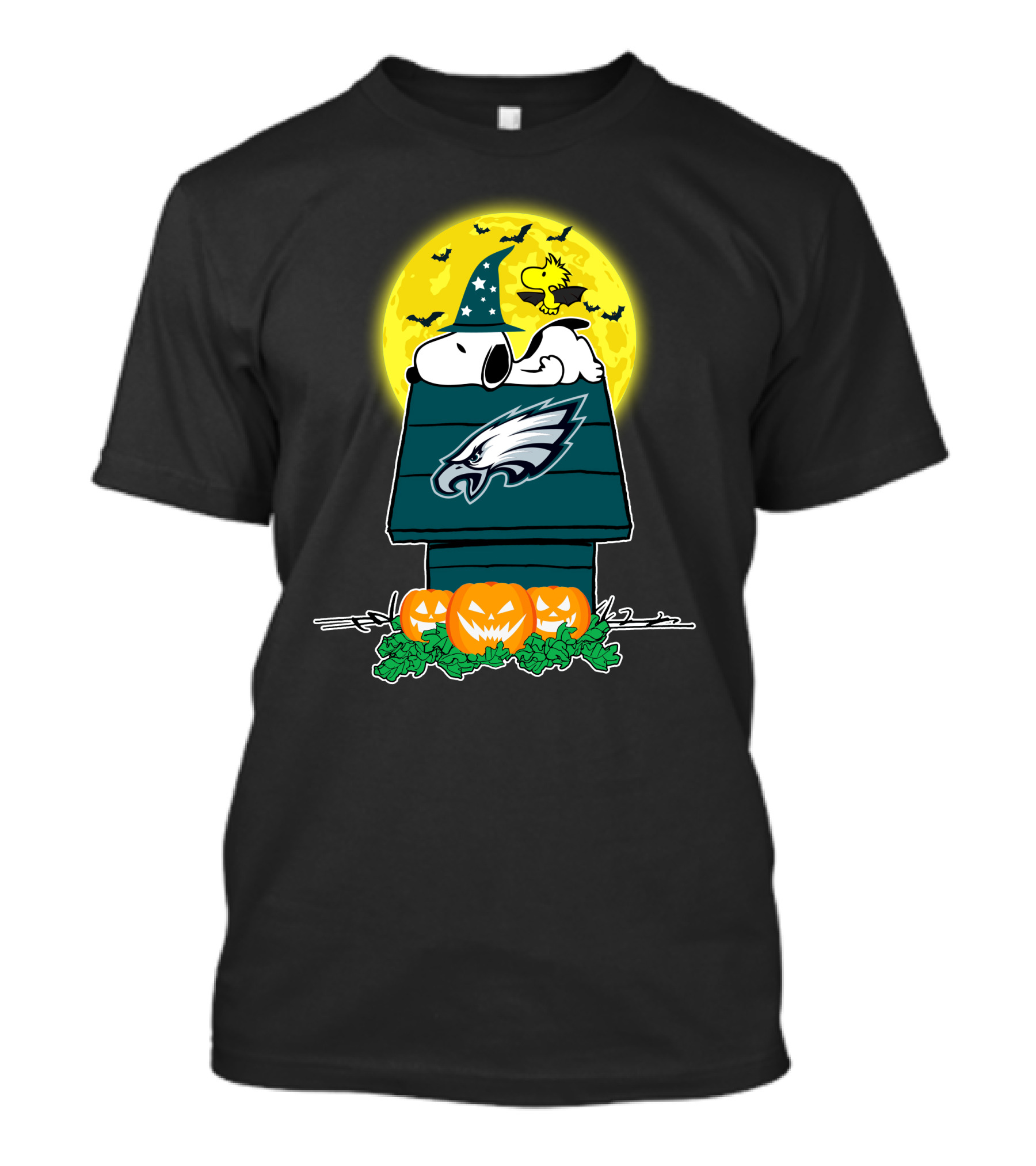 Philadelphia Eagles Halloween Snoopy And Woodstock With Pumpkins And Full Moon T-Shirt