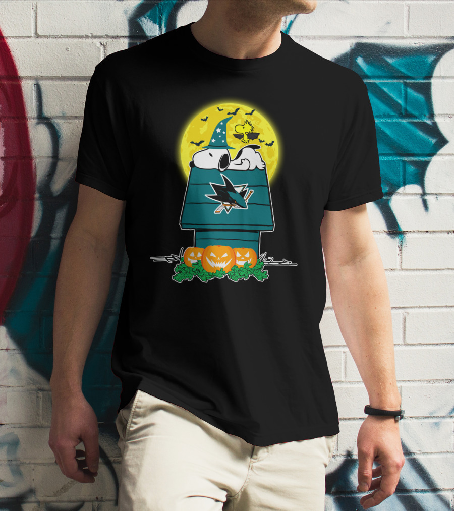 San Jose Sharks Snoopy Halloween Moon Wizard Woodstock Pumpkins T-Shirt