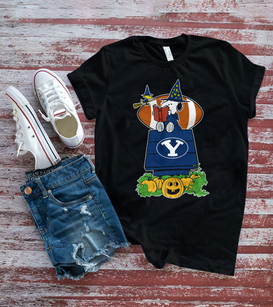 Byu Cougars Snoopy Halloween Witch And Football Scene T-Shirt