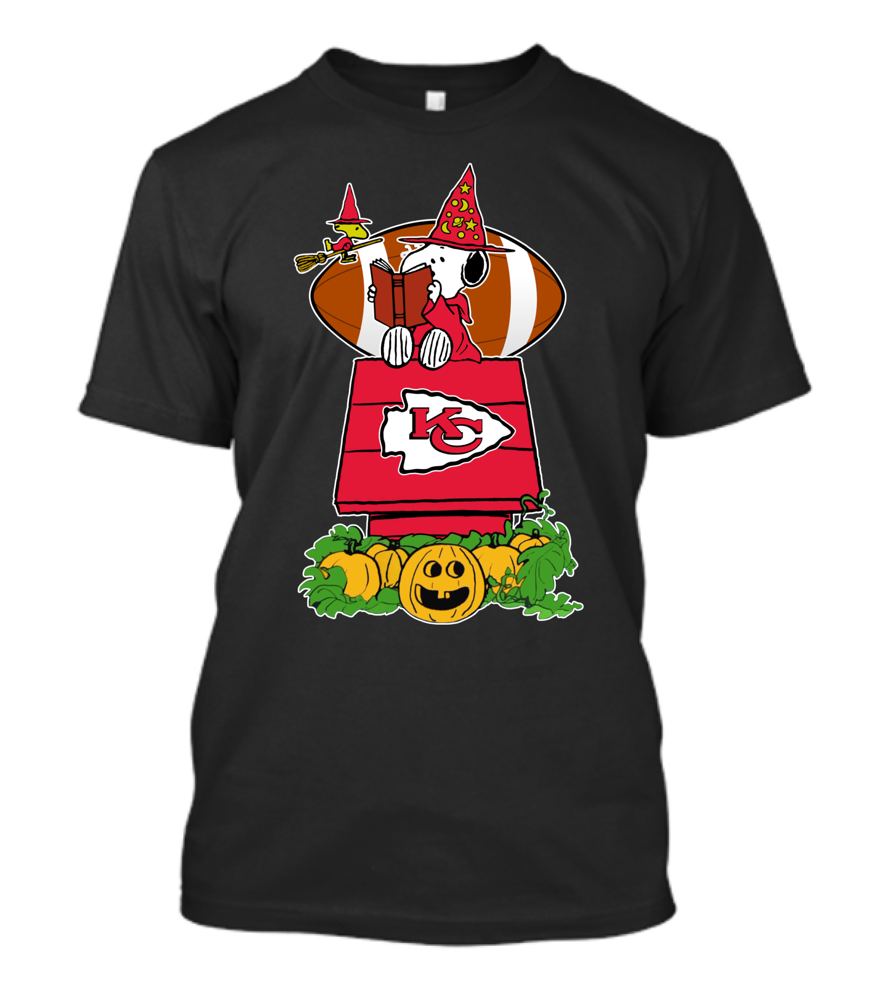 Kansas City Chiefs Snoopy Halloween Witch With Football And Pumpkins T-Shirt