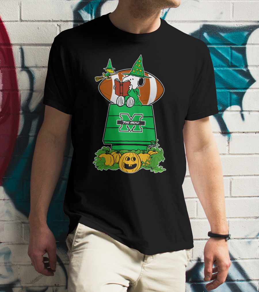Marshall Thundering Herd Snoopy Halloween Witch Reading Book And Football T-Shirt