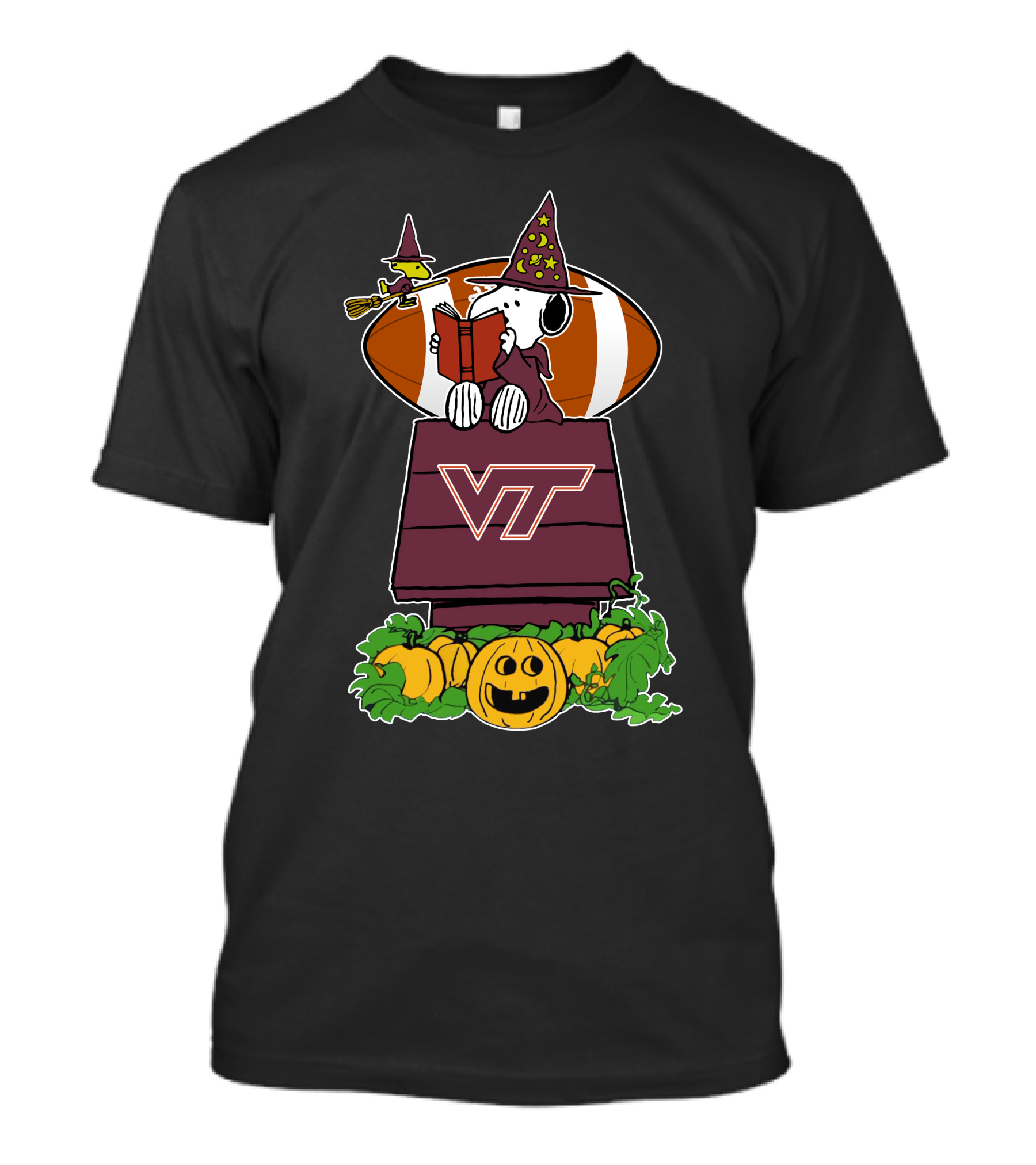 Virginia Tech Hokies Snoopy Halloween Witch Woodstock Football Pumpkin House T-Shirt