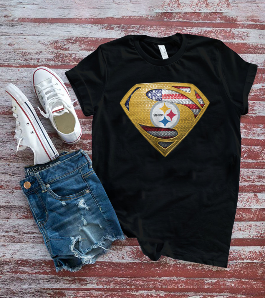Pittsburgh Steelers American Flag Superman Shield Badge T-Shirt