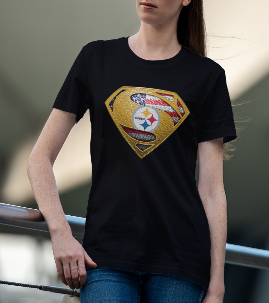 Pittsburgh Steelers American Flag Superman Shield Badge T-Shirt