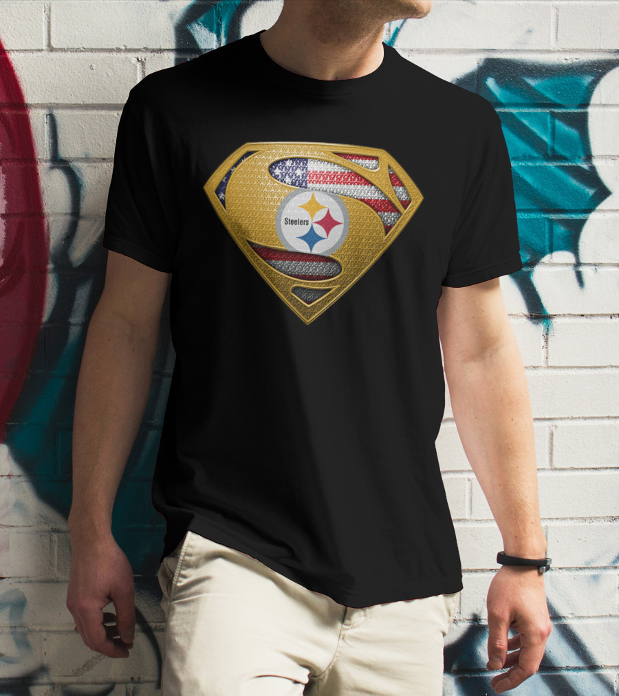 Pittsburgh Steelers American Flag Superman Shield Badge T-Shirt