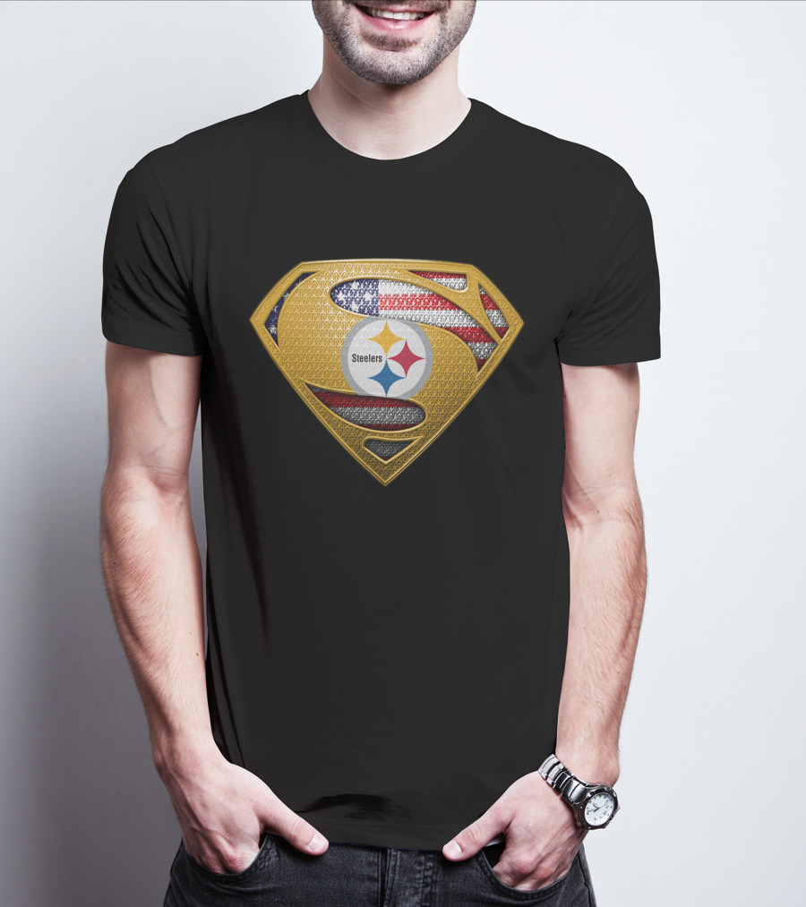 Pittsburgh Steelers American Flag Superman Shield Badge T-Shirt