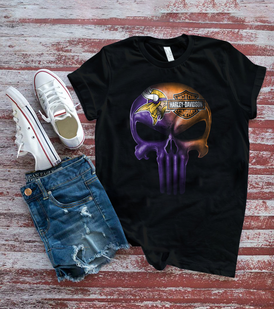Minnesota Vikings Skull Harley Davidson Motor Company T-Shirt