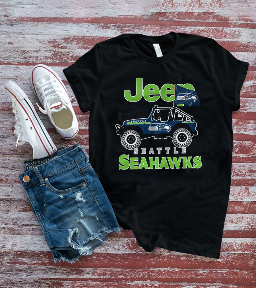 Jeep Seattle Seahawks Team Logo With Flag And Off-Road Vehicle T-Shirt
