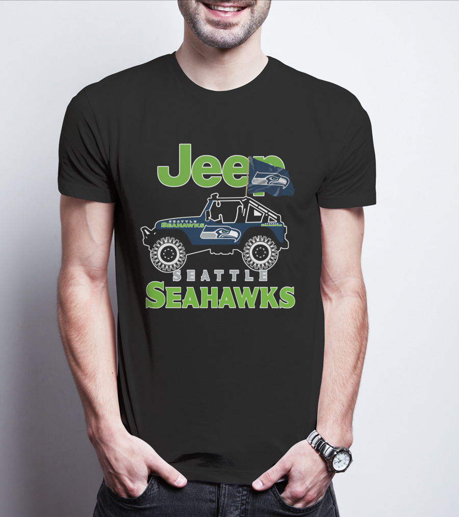 Jeep Seattle Seahawks Team Logo With Flag And Off-Road Vehicle T-Shirt