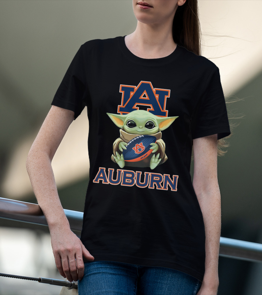 Auburn Tigers Baby Yoda Holding Football With Auburn T-Shirt