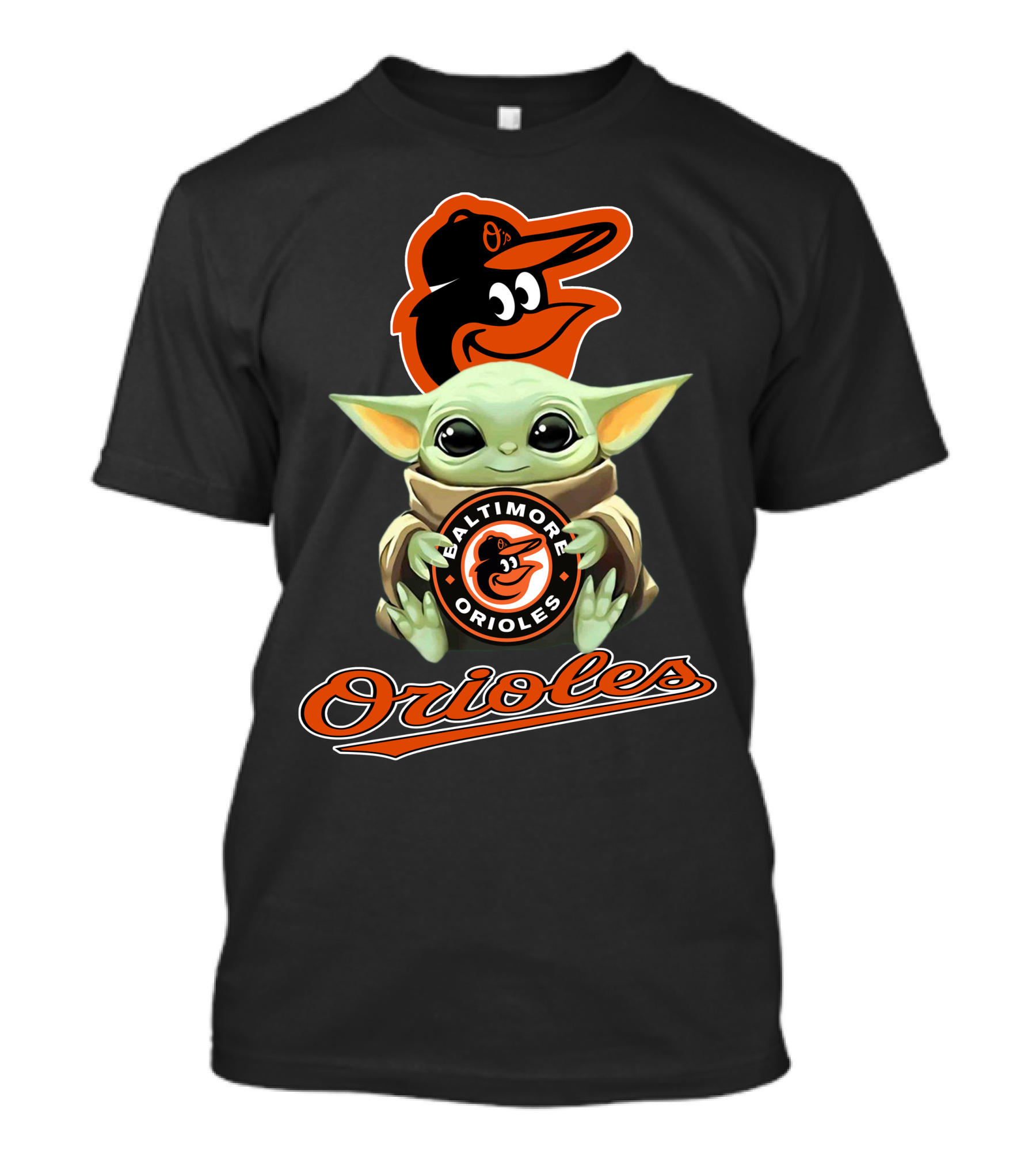 Baltimore Orioles Baby Yoda Holding Logo With Mascot And Team Name T-Shirt