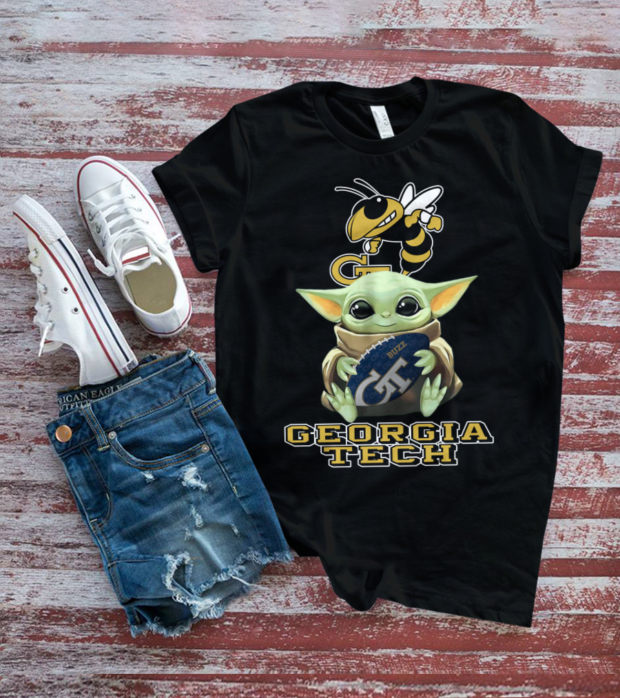 Georgia Tech Yellow Jackets Baby Yoda Holding Buzz Football T-Shirt