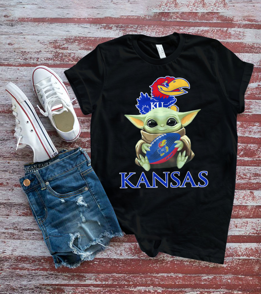 Kansas Jayhawks Baby Yoda Football Holding Ku T-Shirt