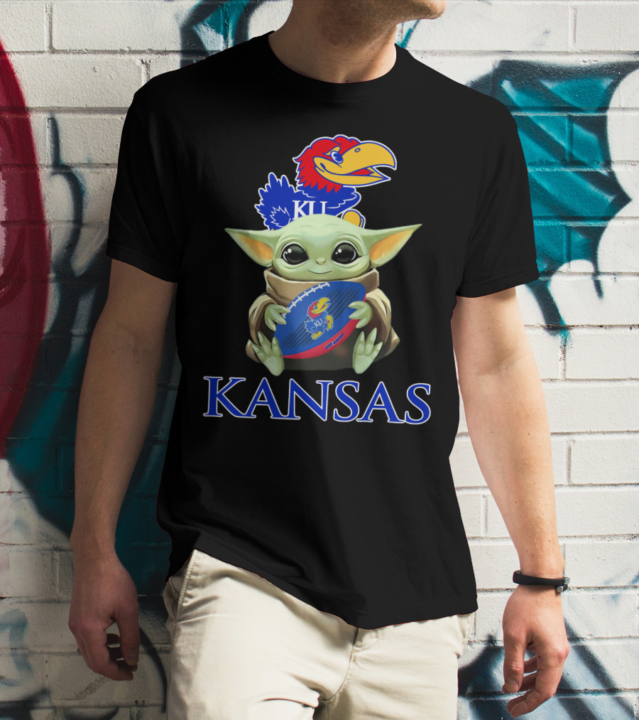 Kansas Jayhawks Baby Yoda Football Holding Ku T-Shirt