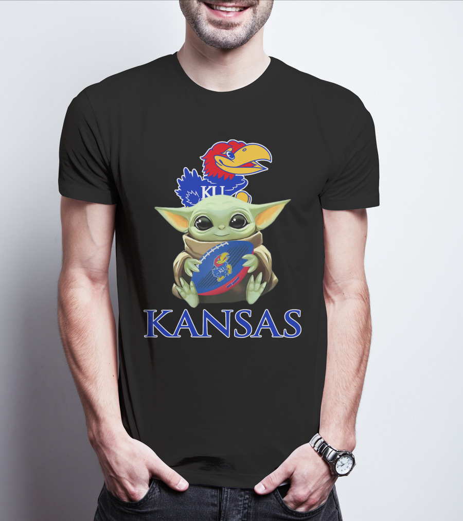 Kansas Jayhawks Baby Yoda Football Holding Ku T-Shirt