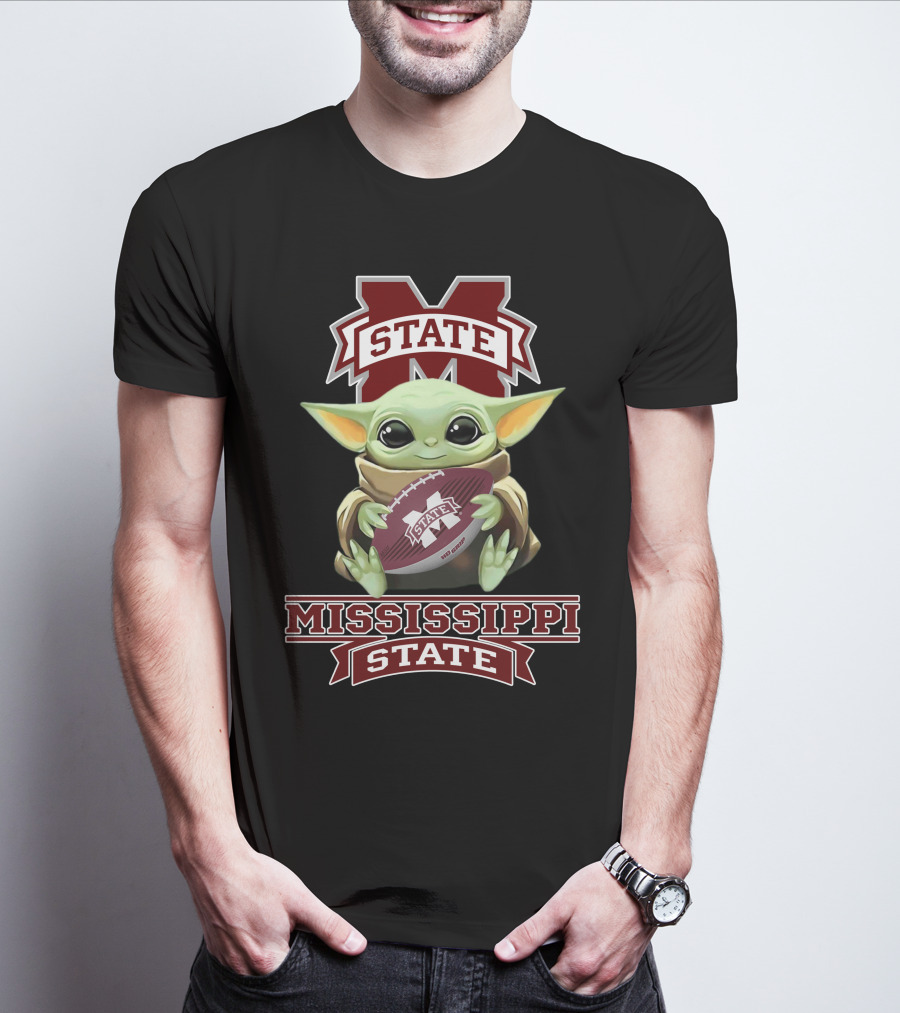 Mississippi State Bulldogs Baby Yoda Holding Football T-Shirt