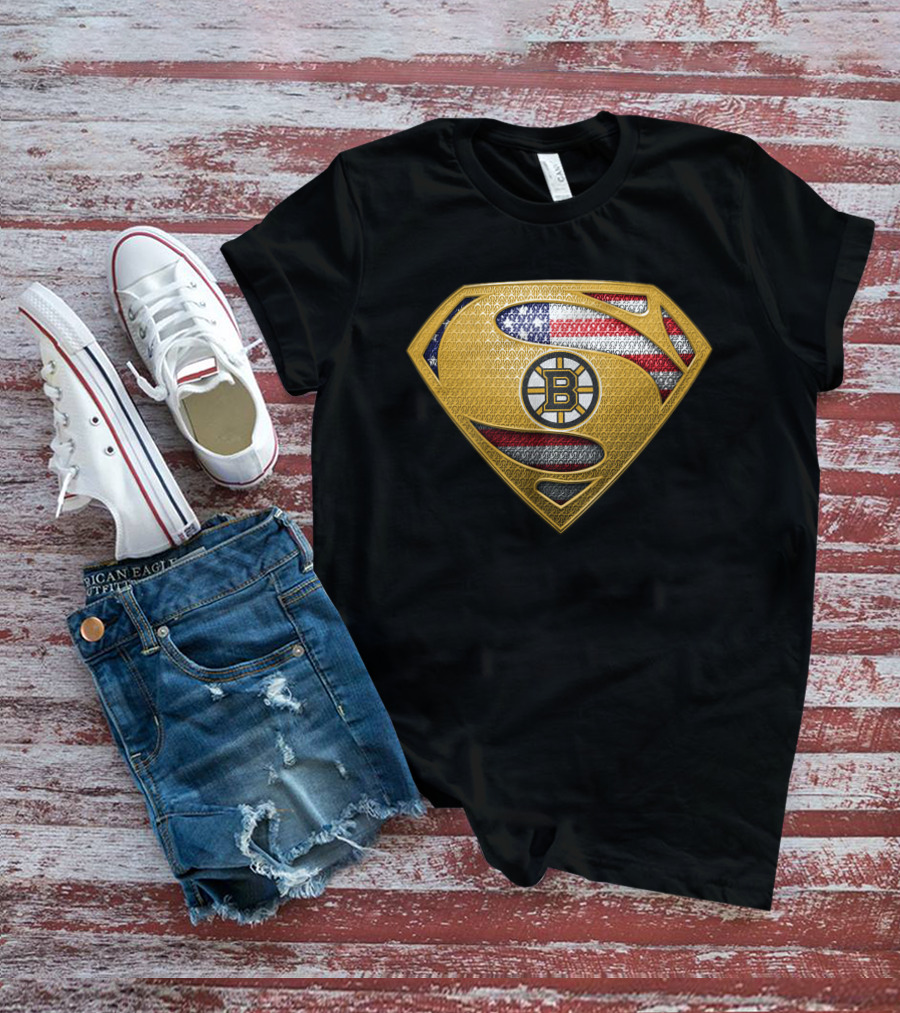 Boston Bruins Superman Shield American Flag T-Shirt