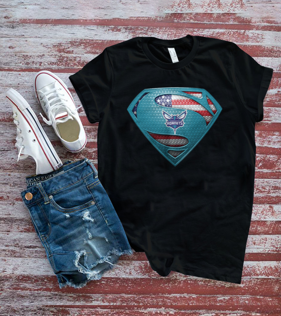 Charlotte Hornets American Flag Superman Logo Fusion T-Shirt