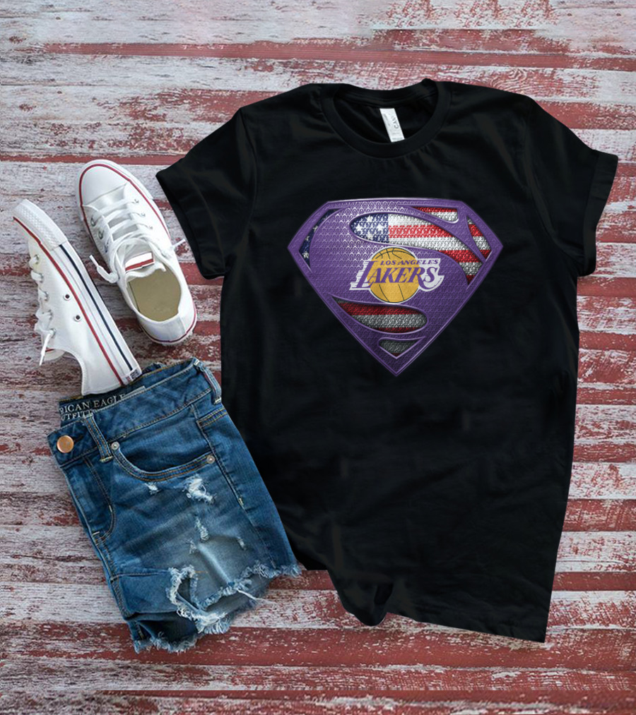 Los Angeles Lakers Superman Shield American Flag T-Shirt