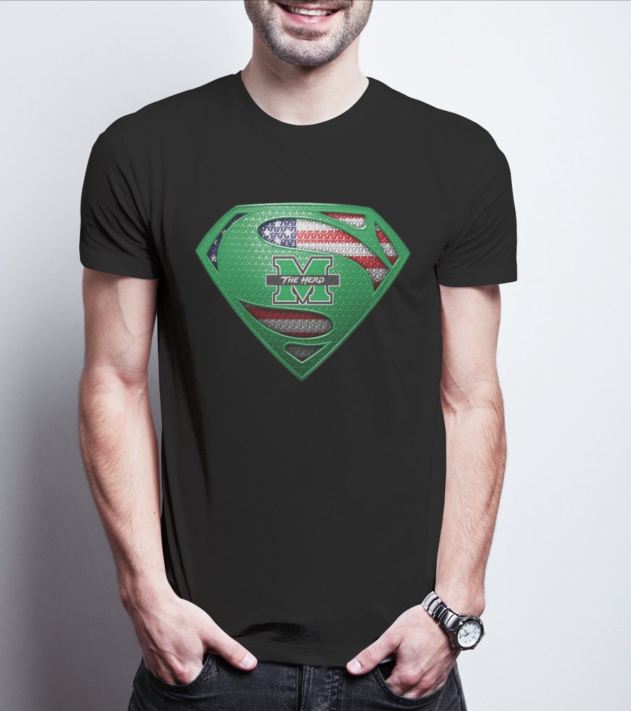 Marshall Thundering Herd Superman Logo With American Flag Element T-Shirt