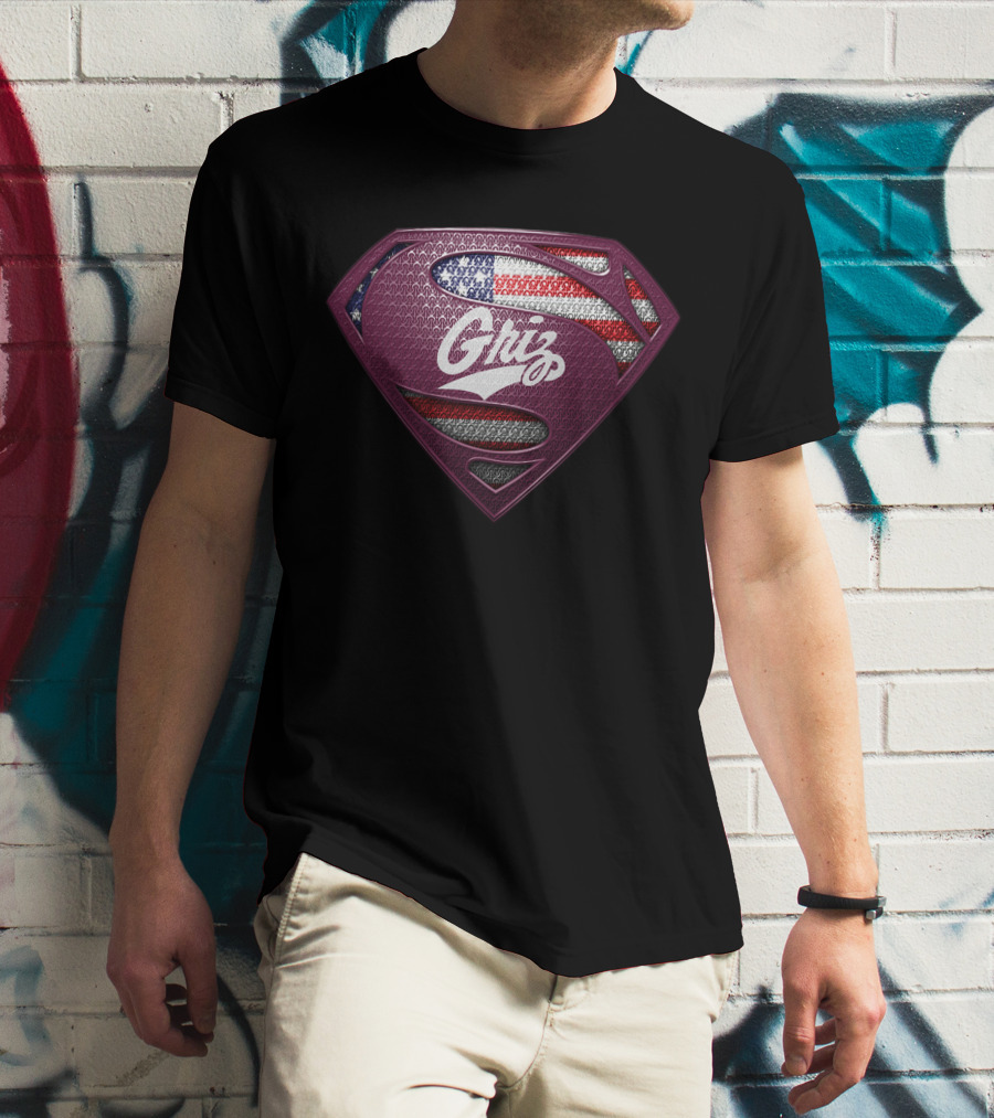 Montana Grizzlies Griz Superman Shield With American Flag T-Shirt