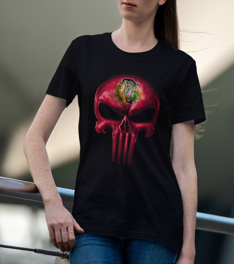 Chicago Blackhawks Punisher Style Skull T-Shirt
