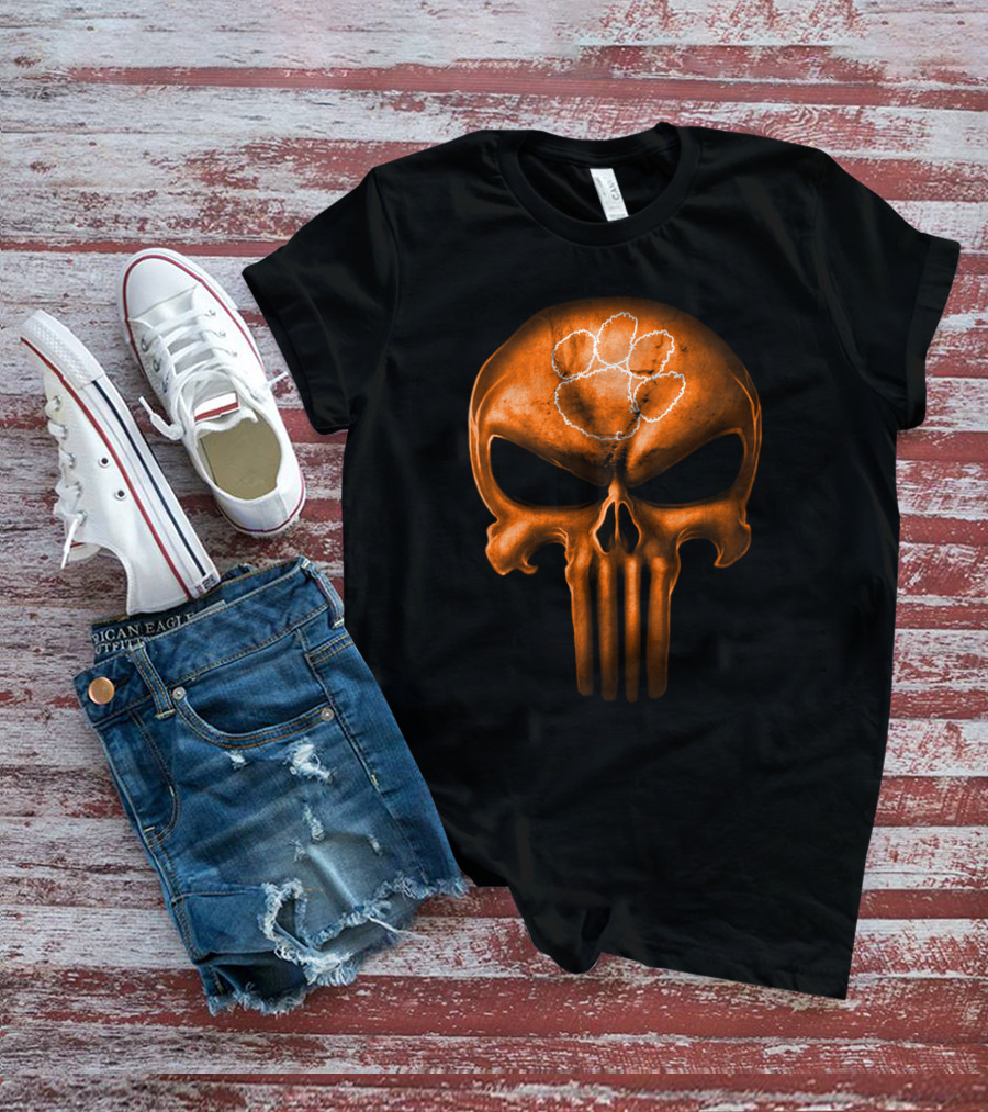 Clemson Tigers Skull With Orange Punisher Style And Paw T-Shirt