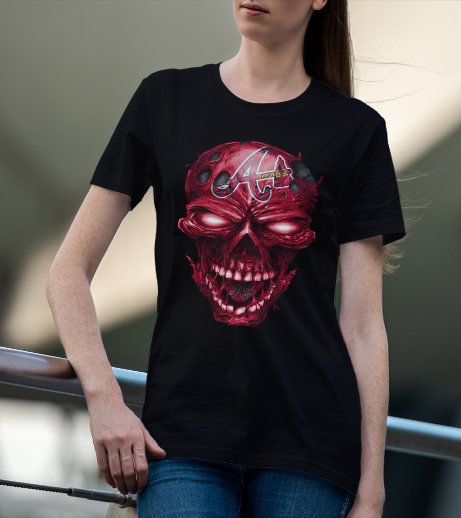 Atlanta Braves Red Skull With Team Logo And Tomahawk T-Shirt