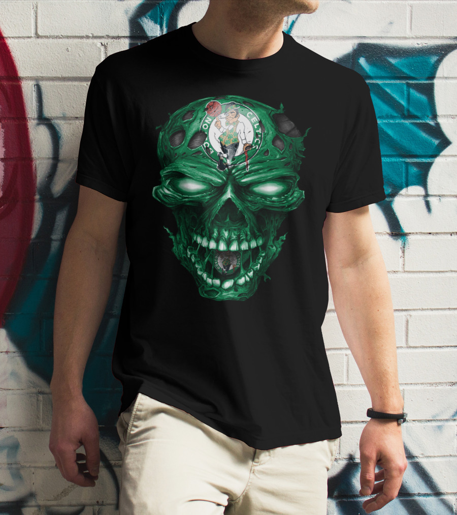 Boston Celtics Skull With Team Logo And Green Fire Eyes T-Shirt