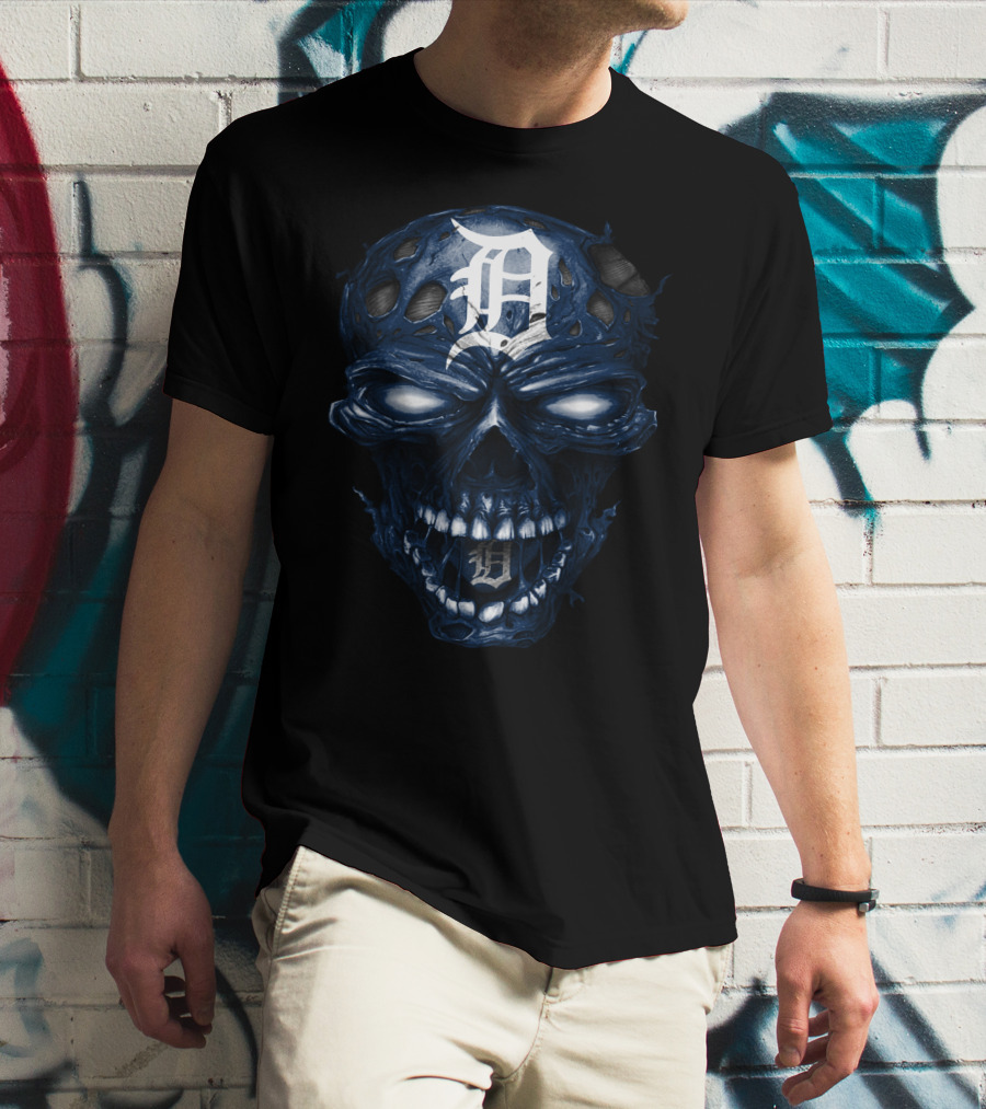 Detroit Tigers Skull Dark Blue White Logo Fusion T-Shirt